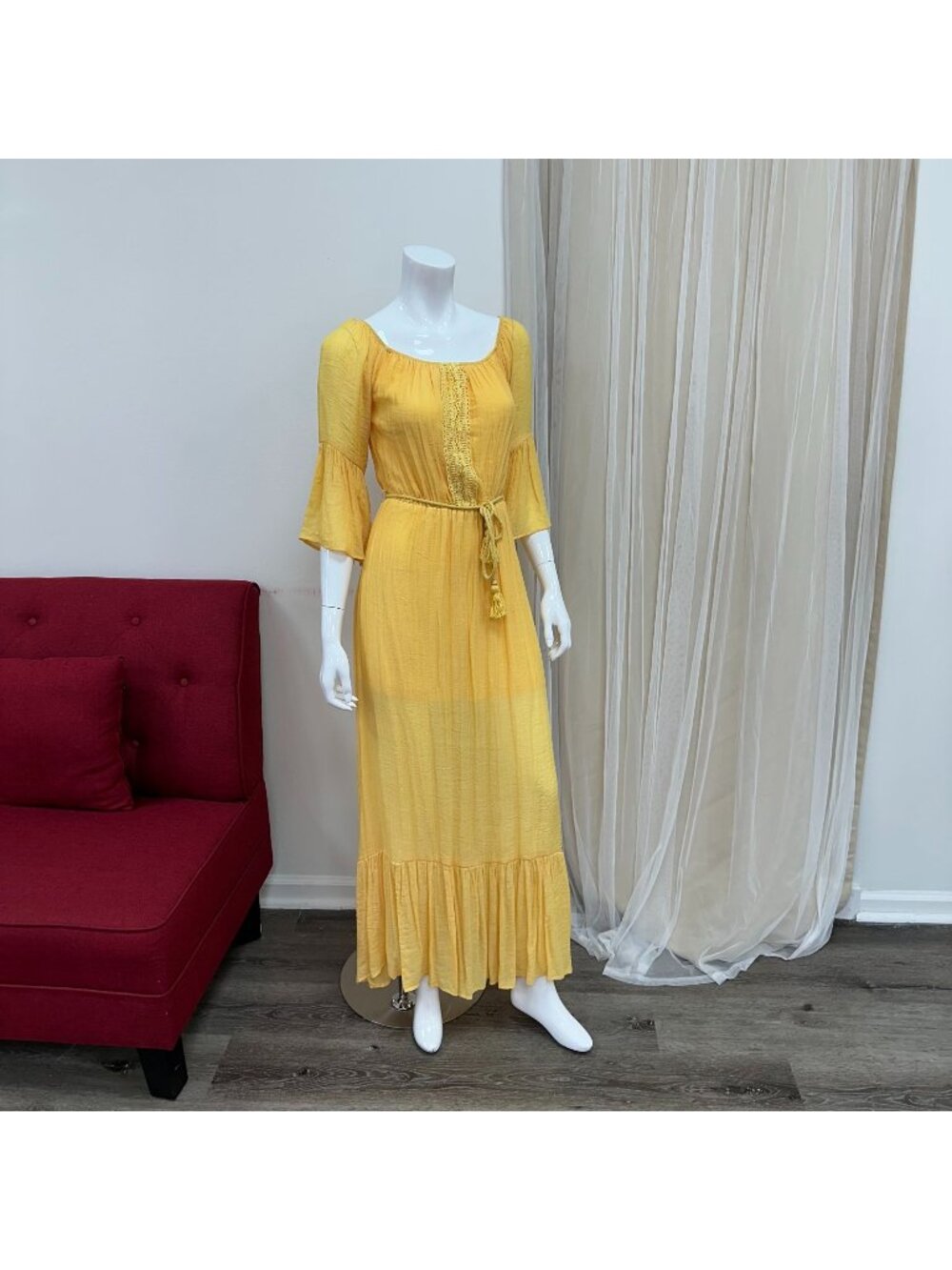 Small Yellow Summer 3/4 Sleeve Stretchy Sundress Beach Cover Up